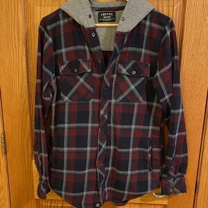 Empyre Plaid Shirt Jacket Burgundy Navy Gray Hooded Medium Y2K